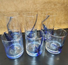 Set of 6 Libbey Blue Ribbon Impressions Cobalt Stripe Dimpled Rocks Glasses