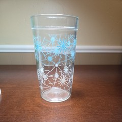 Vintage Libbey Atomic Starburst Glass 5.5″ Tall Aqua And White On Clear Rim