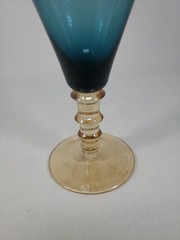 Vintage MCM Smoky Blue Glass Goblet Amber Stepped Ribbed Stem 2-Tone Wine Glass