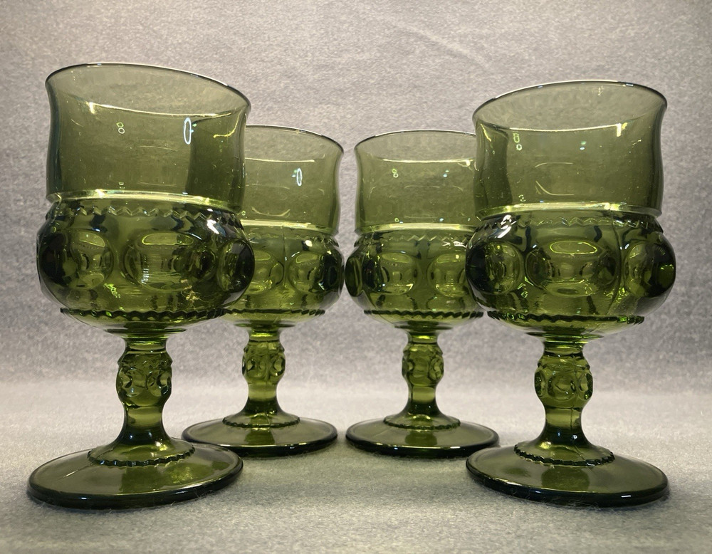 Avocado Green Kings Crown 4 Indiana Glass Stemmed 4 Oz Water Wine Goblets 4 ¼”