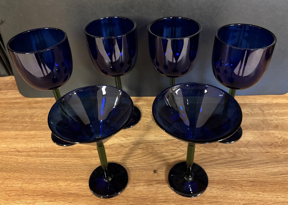Set of 6, 4 Wine Glasses, 2 Martini Glasses, Cobalt Blue with Green Stems