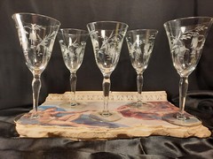 5 Vintage Trumpet Optic Rib Water/Wine Glasses Goblets w/Pendant Floral Cut