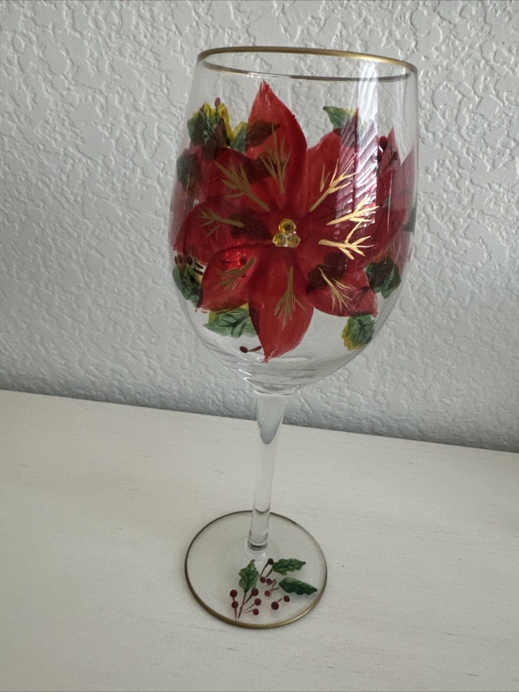 Crystal Hand Painted Poinsettias 1 Goblets w/Rhinestones & Gold Trim 9 1/2″