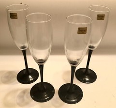 SET (4) Vintage Luminarc Domino France Black Stem Flute Glasses Champagne 9” NOS