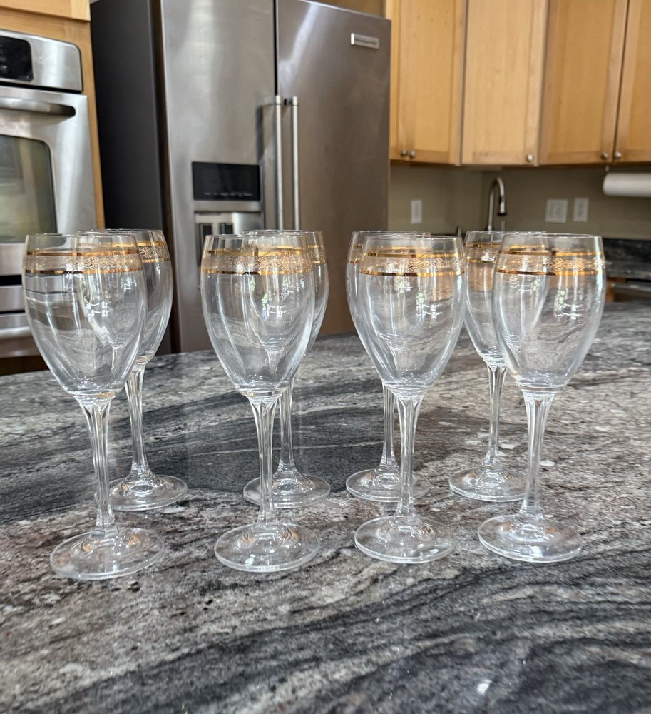 Bohemian Czech Hand Blown Crystal Wine Glasses 8 Set 24K Gold Scroll Band 9.25″