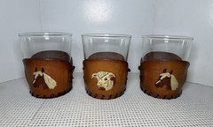 Tooled Leather Barware Glasses Horse Steer Western Theme Lot of 3 (4” Tall)