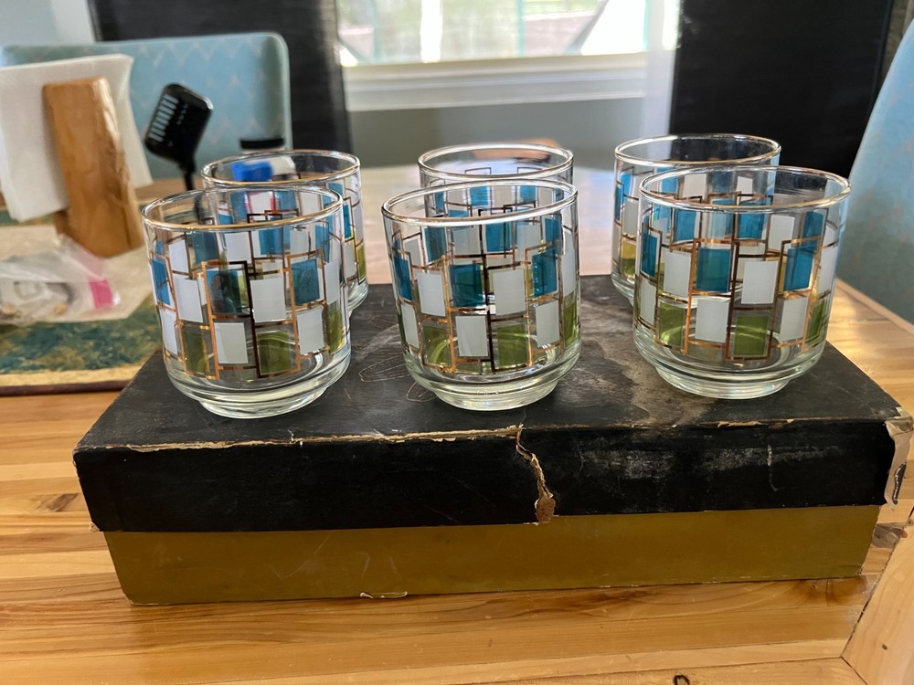 MCM Vtg 6 Libbey Nordic Glasses Blue Green White Gold Trim Rocks/Juice 1960s box