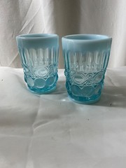 2 Mosser Glass Eye Winker Aqua Opal 4″ Tumblers Opalescent Blue Juice Set