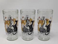Anchor Hocking Butterflies Cats on Fence 6″ Glass Tumblers, Set Of 6, Vintage