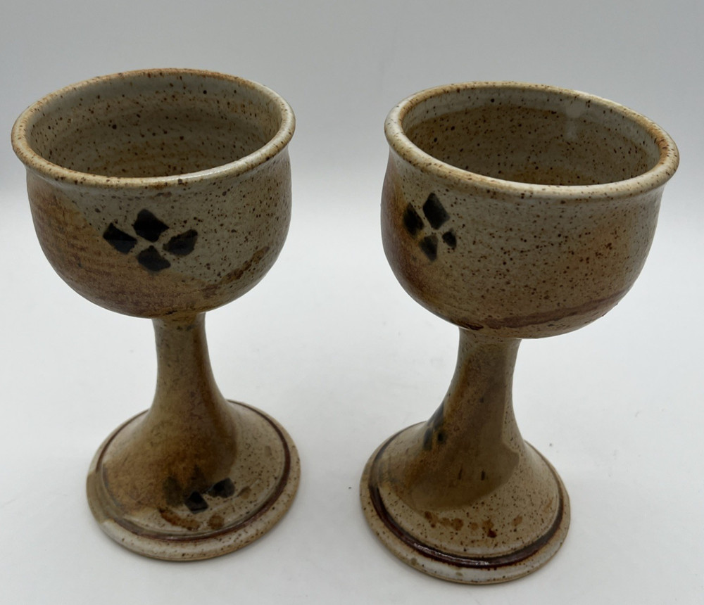 Set (2) Art Studio Pottery Wine Goblets Chalice Style Sand Earthenware Boho