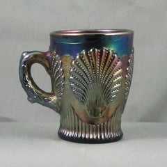 DUGAN BEADED SHELL AMETHYST CARNIVAL GLASS MUG