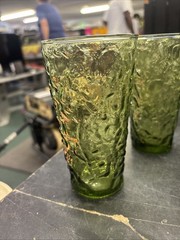 Vtg Anchor Hocking Lido Milano Avocado Olive Green Crinkle Glass Tumbler Set 7