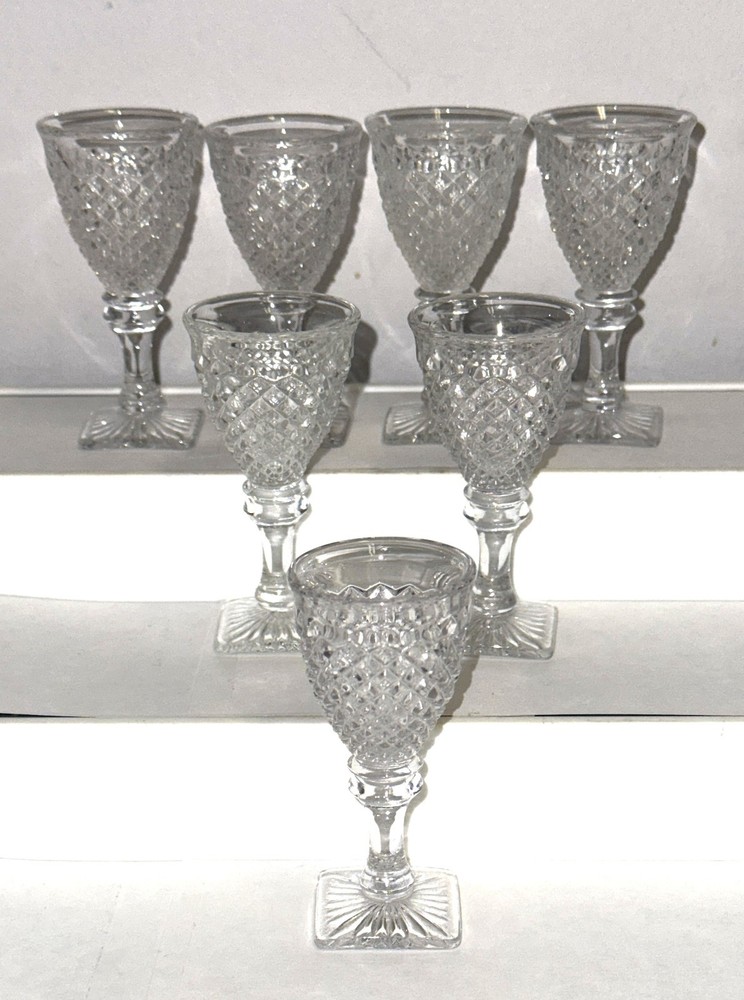 7 Westmoreland ENGLISH HOBNAIL CRYSTAL 3 1/4″ SQUARE FOOT CORDIAL GOBLETS