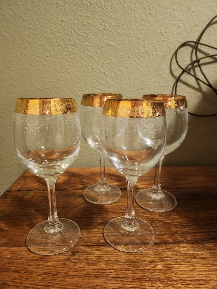 24K GOLD Cellini Etched Blown Crystal Wine Glasses Set of 4 Gold Trim