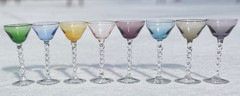 8 -2oz Vintage Multicolored Jewel Toned Cordial Glasses with Twisted Stems