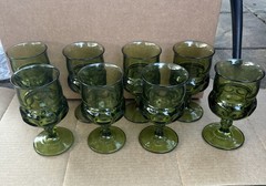 Indiana Glass Avocado Green Kings Crown Thumbprint Goblets Set Of 8 1960s