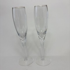 Lenox Firelight Gold Rim Panel Cut Crystal Champagne Flutes 9 3/8″ 1990’s Set 2