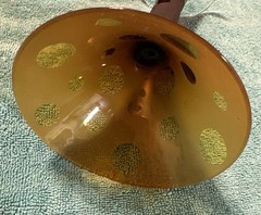 E & M Burke Martini Glass Frosted Art Glass Polka Dots Doodle Amber Brown