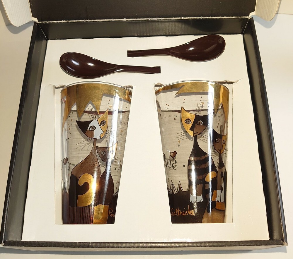 Set (2) Goebel Rosine Wachtmeister Cats German Drink Glasses Gold Gilt 2010 NIB!