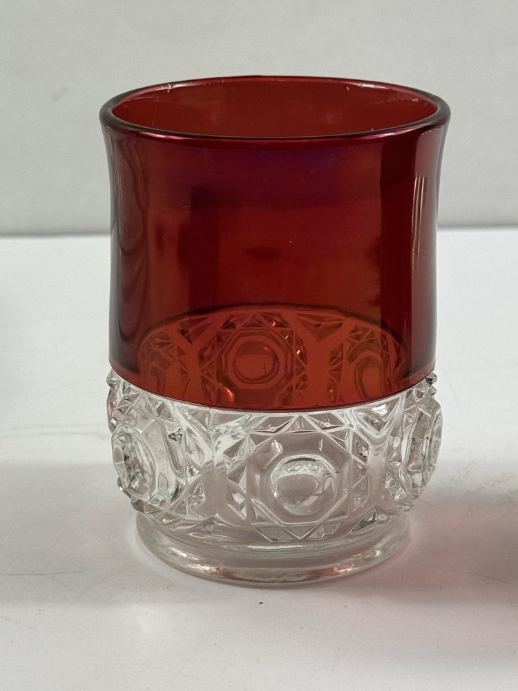 Vintage Ruby Red Flash Glass Tumbler Clear Pressed Glass Base 4” Drinking Glass
