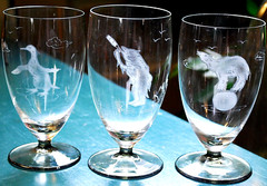 Vtg RUSSIA Set 3 HAND ETCHED Wine Glasses Luster Smoke Foot CIRCUS BEARS/DUCK