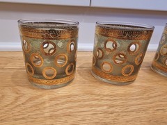 Vintage Mid Century 6 Culver Polka Dot Green Gold Embossed Low Ball Glasses Rare