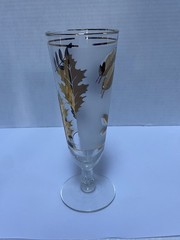 6 Vtg MCM Pilsner Glasses Gold Leaf Frosted Footed Stemmed Beer Foliage Drinking