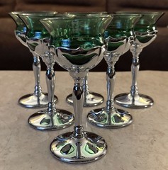Farber Bros Krome Craft 1950s Art Deco Set6 Liquor Sherry Glasses Emerald Chrome