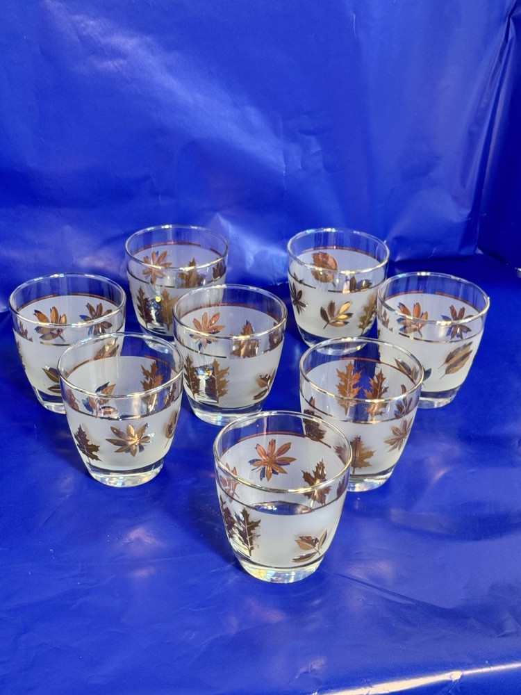 Set of 8 Libbey Golden Foliage Lowball Glasses Gold Rim Frosted 3” 1953-1978