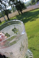 Jeannette Glass Depression Iris & Herringbone Pitcher & 6 Footed Tumbler Glasses