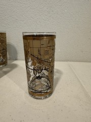7 Vintage MCM Cera 22K Gold Old World Map Highball Cocktail Glasses 1960’s EUC