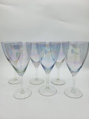 6 Vintage Iridescent Bubble Art Glass Wine Glasses Water Goblet Rainbow Barware