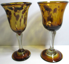 Hand-Blown Glass Goblets SET OF 2 Amber Brown Tortoise Shell Leopard Spots #5