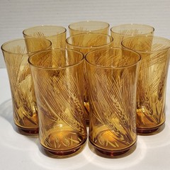 Vintage Libbey Harvest Time Amber Wheat Glasses 12oz Set of 8 Late 1970s