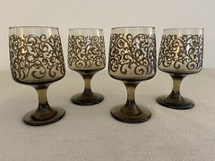 Libbey Prado Water Goblet Glasses Embossed Scroll Tawny Brown MCM 70s Set 4 Wine