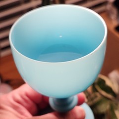 Set of 2 Blue Opaline PV Glass Goblets 4.5″T French 1930’s Portieux Vallerysthal