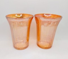 Vintage Hazel Atlas Fruits Iridized Marigold Tumblers Set of 2 Carnival Glass