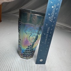 Vintage Indiana Blue Iridescent Carnival Glass Tumbler Harvest Grape Leaf 5 7/8′