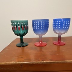 Set of 3 American Stars & Stripes Decorated Glass Goblets Blue White Red Green