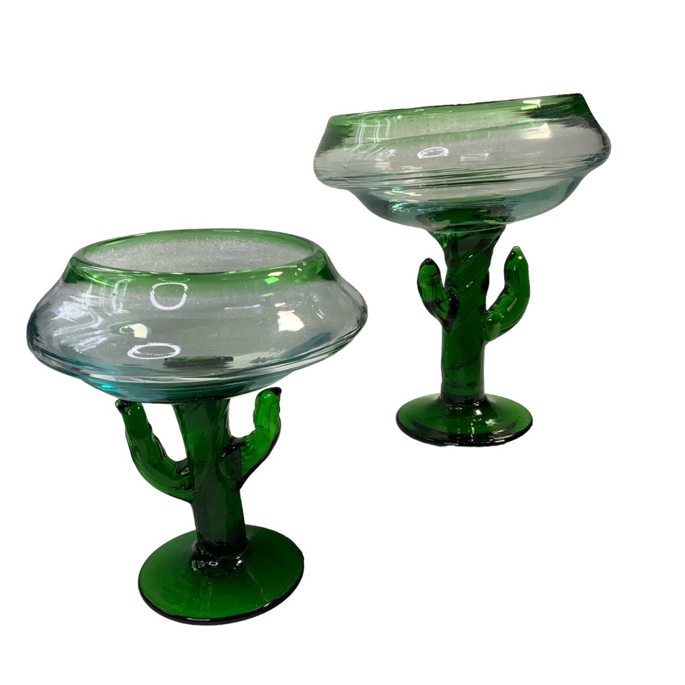 2 Hand Blown Green Saguaro Cactus Margarita Glasses Clear Green Rim Base