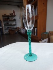 Unknown Maker Swirl Optic Clear Bowl 9 1/8th» Champagne Flute Teal Twist Stem