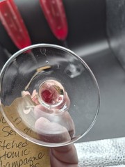 2-Ruby Red Hand Blown Champagne Glasses With Clear Stems Etched Atomic Starburst