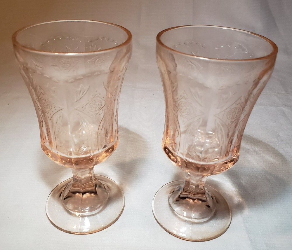 Pair of Vintage Indiana Glass Pink Madrid Recollection Water Goblets