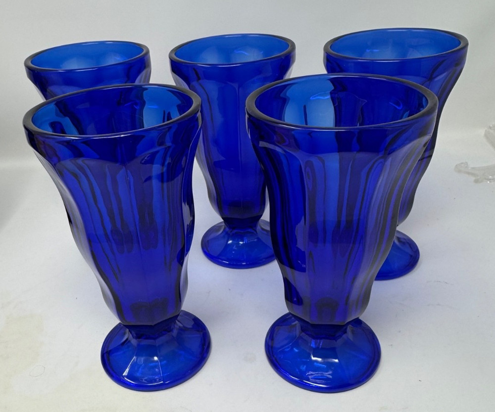 ANTIQUE 5 Cobalt Blue Goblets Panel Footed Glasses Water Ice Cream Ice Tea Malt