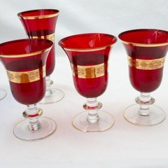 Set of 3 Interglass Italy Ruby Red or Blue Glasses 24 KT Gold Trim Wine Goblet
