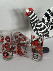 4 Vintage Italian Cerve MCM Red & Black Retro Glass Tumblers | Geometric Design