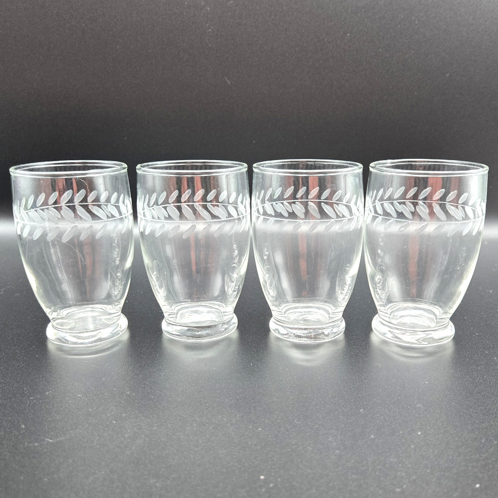 4 Vtg Anchor Hocking Laurel Leaf Etched Juice Glass Tumblers 3 5/8″ 5 oz