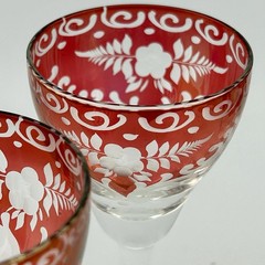 Bohemian Ruby-Flashed Etched Floral Cordial Glasses Set/6 4⅛″ 1900s–20s Antique