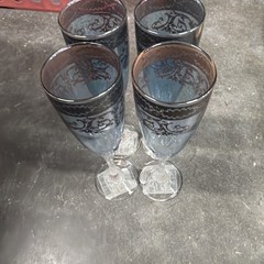 Lot Of 4 Hand Blown Crystal & Hand Decorated Pure Platinum Blue Cordial Italy