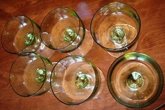 SASAKI REGENCY Vtg MCM Set 6 Champagne/Sherbet Glasses OLIVE GREEN w Clear Stem